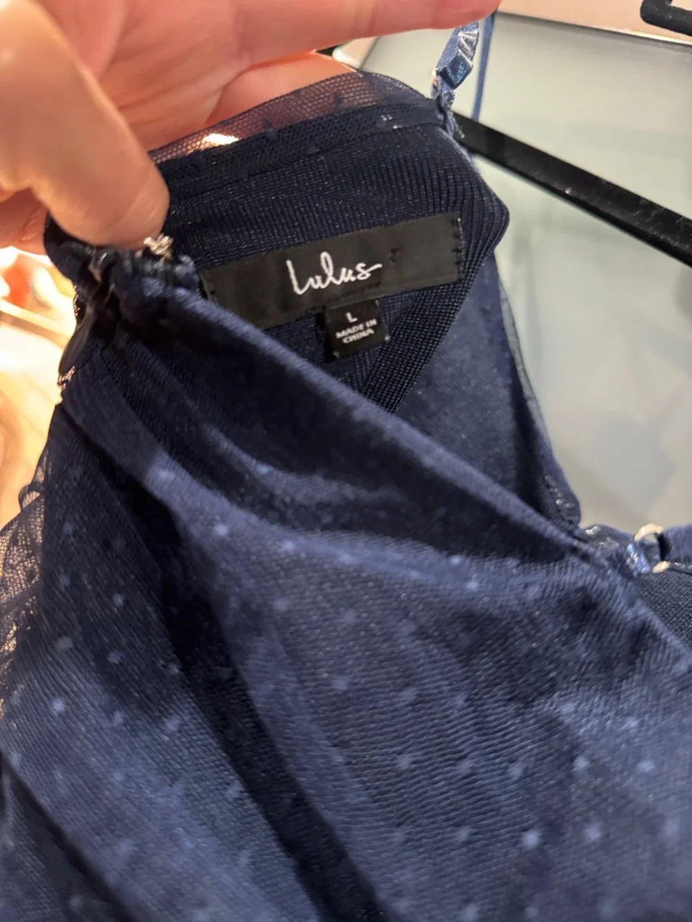 Navy Blue Ruched Mini Dress Mesh Polka Dot Cutout Bodycon size L - Picture 5 of 5